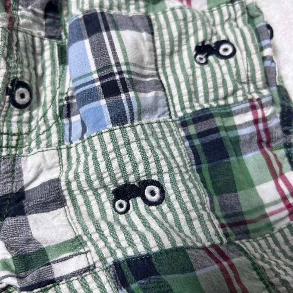 Gymboree Boys‎ Tractor Green Blue Plaid Shorts Sz 18-24 M Farming Country Farmer